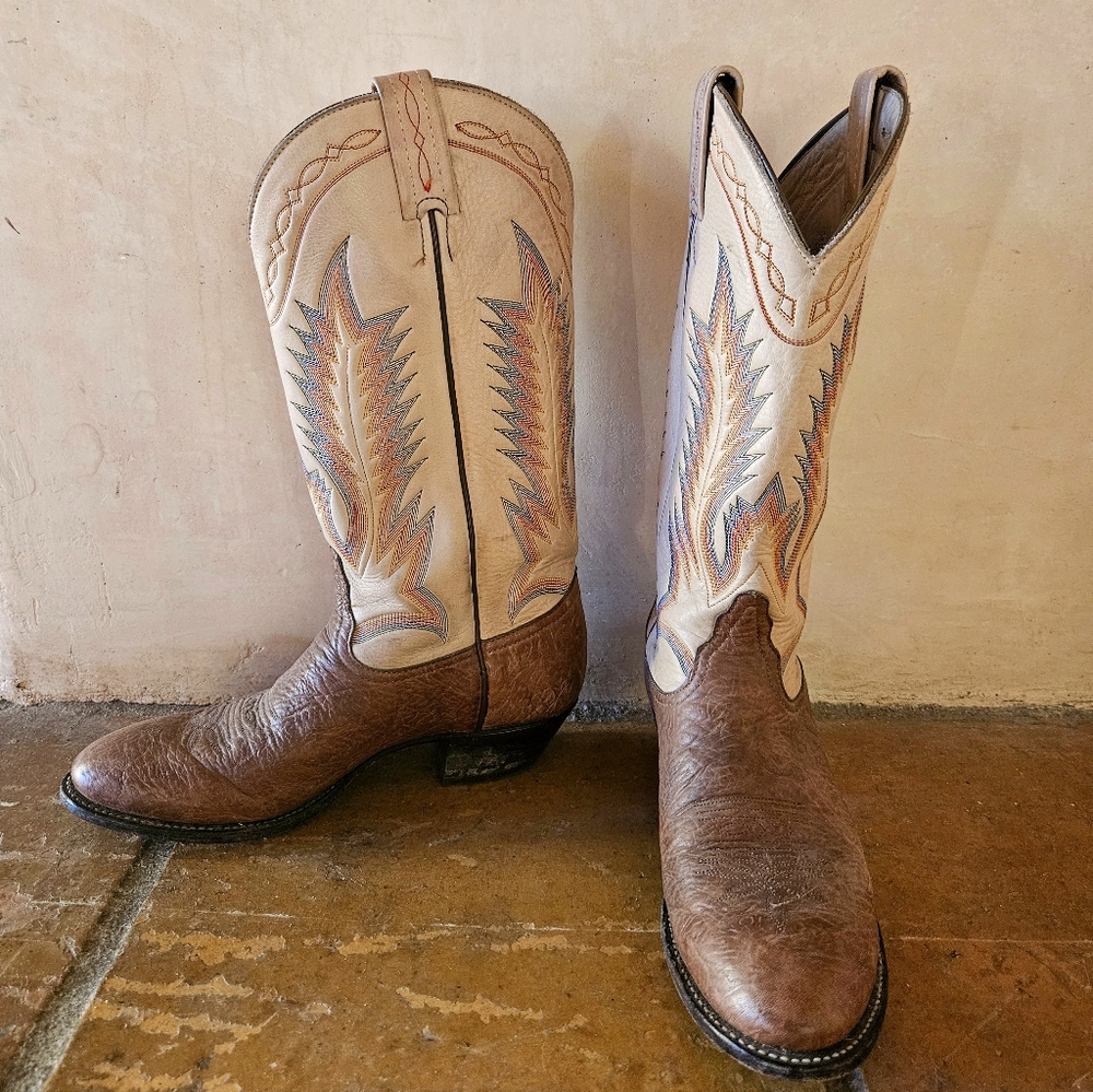 Perfect Tony Lama Rainbow Stitching cream and brown leather cowboy cowgirl boots